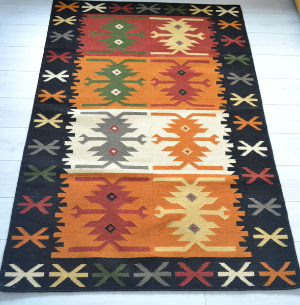 Black Orange Wool Kilim Rug Geometric 180cm x 120cm Kelim Hand Woven Knotted 6ft x 4ft -Rug