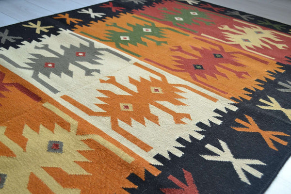 Black Orange Wool Kilim Rug Geometric 180cm x 120cm Kelim Hand Woven Knotted 6ft x 4ft -Rug