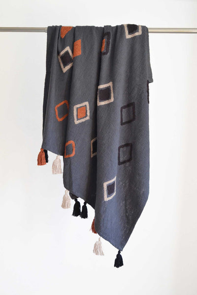 Grey Tufted Throw Boho Orange Diamond Tassels - DesignsEmporium