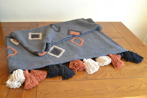 Grey Tufted Throw Boho Orange Diamond Tassels - DesignsEmporium