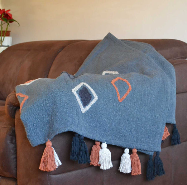 Grey Tufted Throw Boho Orange Diamond Tassels - DesignsEmporium