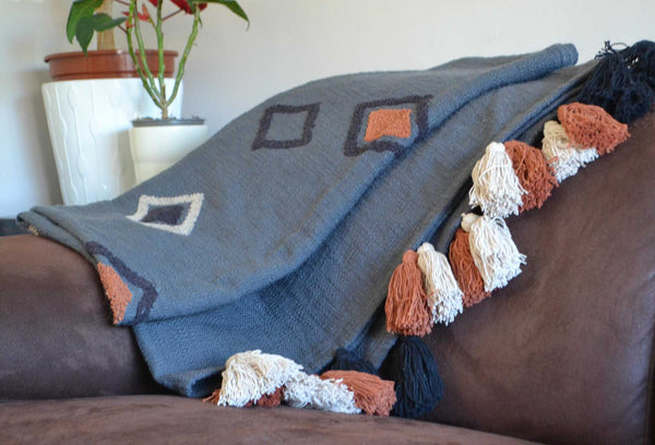 Grey Tufted Throw Boho Orange Diamond Tassels - DesignsEmporium