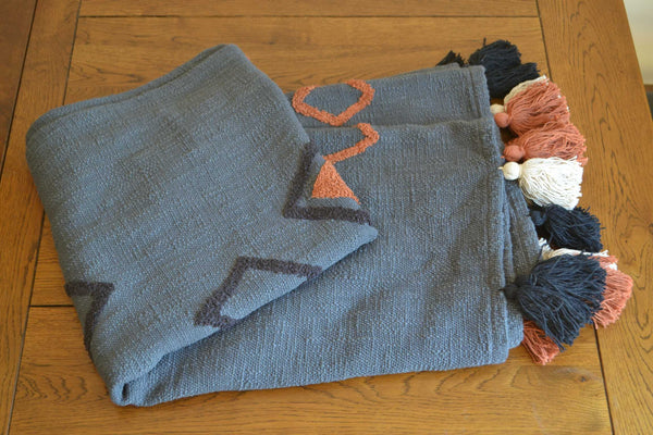 Grey Tufted Throw Boho Orange Diamond Tassels - DesignsEmporium