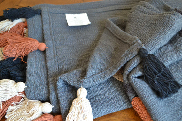 Grey Tufted Throw Boho Orange Diamond Tassels - DesignsEmporium