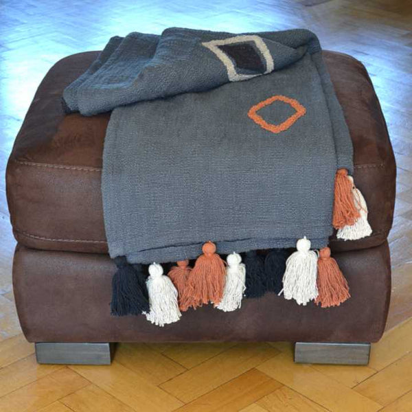 Grey Tufted Throw Boho Orange Diamond Tassels - DesignsEmporium