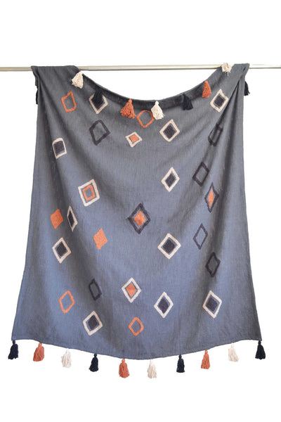 Grey Tufted Throw Boho Orange Diamond Tassels - DesignsEmporium