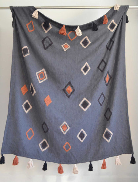 Grey Tufted Throw Boho Orange Diamond Tassels - DesignsEmporium