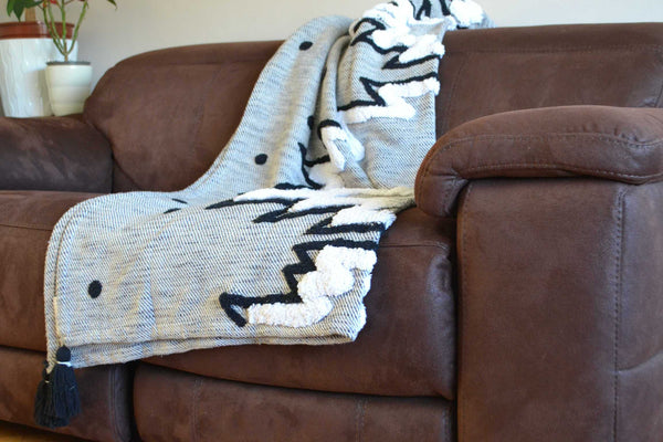 Abstract Cream Tufted Throw Boho Tassels - DesignsEmporium