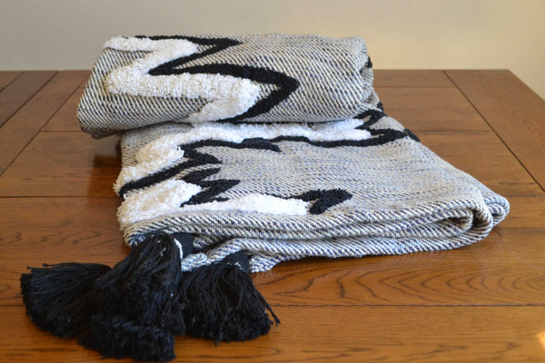 Abstract Cream Tufted Throw Boho Tassels - DesignsEmporium