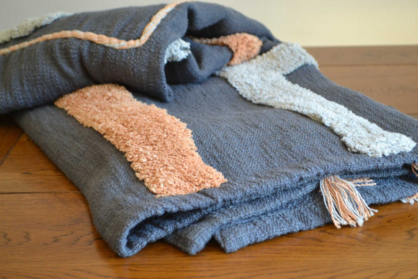 Grey Tufted Throw Orange Boho Tassels - DesignsEmporium