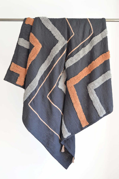 Grey Tufted Throw Orange Boho Tassels - DesignsEmporium