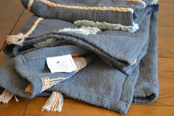 Grey Tufted Throw Orange Boho Tassels - DesignsEmporium