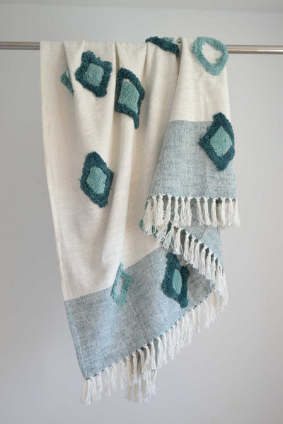 Cream Teal Diamond Tufted Throw - DesignsEmporium