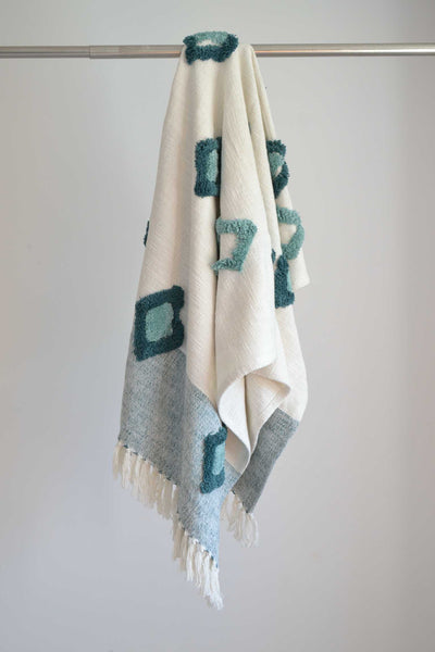 Cream Teal Diamond Tufted Throw - DesignsEmporium
