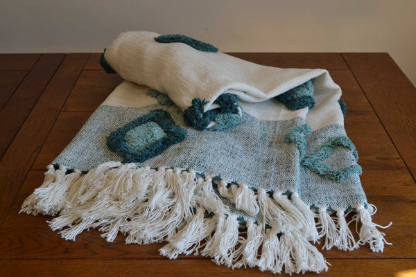 Cream Teal Diamond Tufted Throw - DesignsEmporium