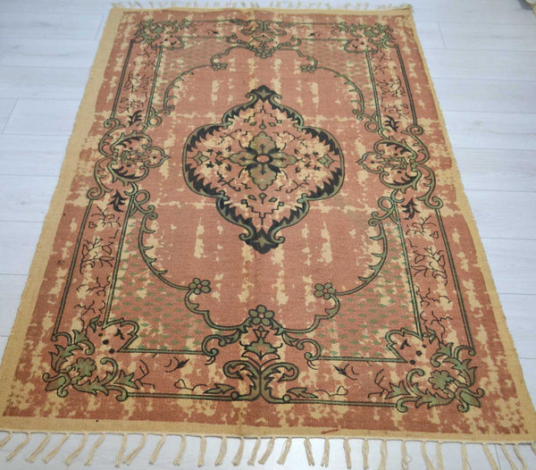 Jute Rug Block Print Natural Hand Knotted Antique Style Eco Friendly 180cm x 120cm 6ft x 4ft - DesignsEmporium