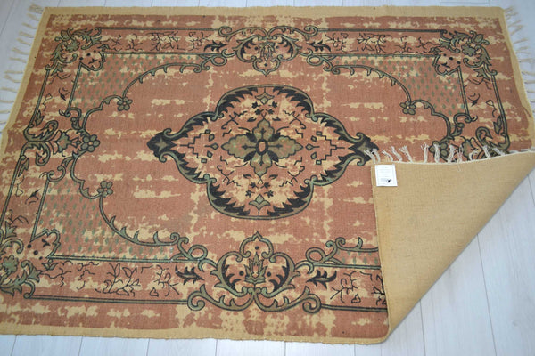 Jute Rug Block Print Natural Hand Knotted Antique Style Eco Friendly 180cm x 120cm 6ft x 4ft - DesignsEmporium