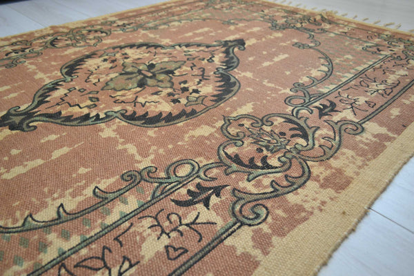 Jute Rug Block Print Natural Hand Knotted Antique Style Eco Friendly 180cm x 120cm 6ft x 4ft - DesignsEmporium