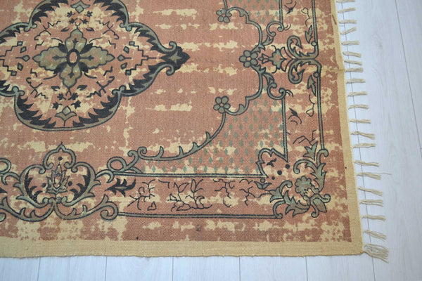Jute Rug Block Print Natural Hand Knotted Antique Style Eco Friendly 180cm x 120cm 6ft x 4ft - DesignsEmporium