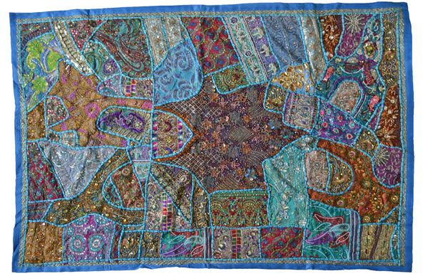 Tapestry Aqua Wall Hanging Recycled Vintage Sari - DesignsEmporium
