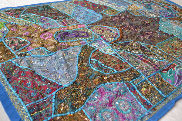 Tapestry Aqua Wall Hanging Recycled Vintage Sari - DesignsEmporium