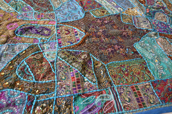 Tapestry Aqua Wall Hanging Recycled Vintage Sari - DesignsEmporium