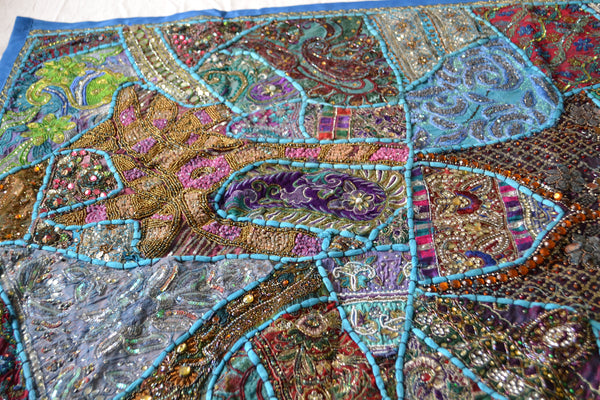 Tapestry Aqua Wall Hanging Recycled Vintage Sari - DesignsEmporium