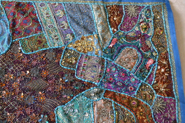 Tapestry Aqua Wall Hanging Recycled Vintage Sari - DesignsEmporium