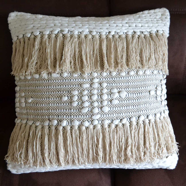Cream Bohemian Tassel Cushion Covers Cotton 50x50cm 60x60cm - DesignsEmporium