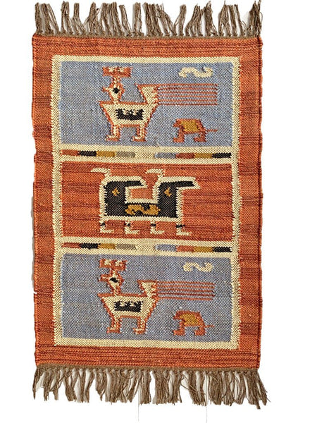 Kilim Rug Birds Wool Jute Indian Handmade - Designs Emporium