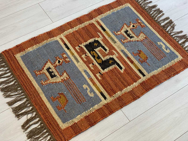 Kilim Rug Birds Wool Jute Indian Handmade - Designs Emporium