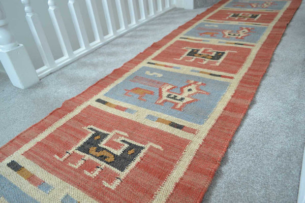 Kilim Rug Birds Wool Jute Indian Handmade - Designs Emporium