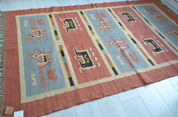 Kilim Rug Birds Wool Jute Indian Handmade - Designs Emporium