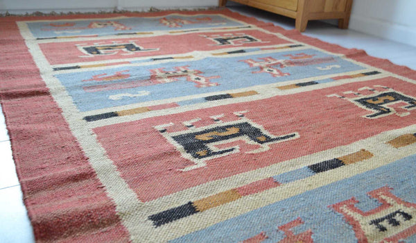 Kilim Rug Birds Wool Jute Indian Handmade - Designs Emporium