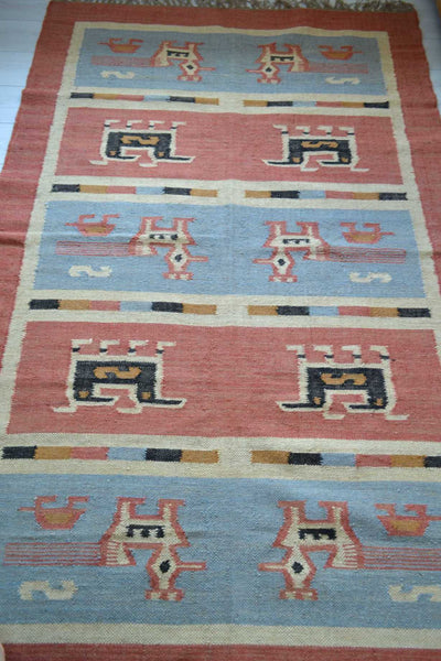 Kilim Rug Birds Wool Jute Indian Handmade - Designs Emporium