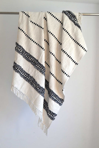 Cream Striped Tufted Throw Black Boho Tassels - DesignsEmporium
