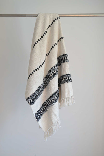 Cream Striped Tufted Throw Black Boho Tassels - DesignsEmporium