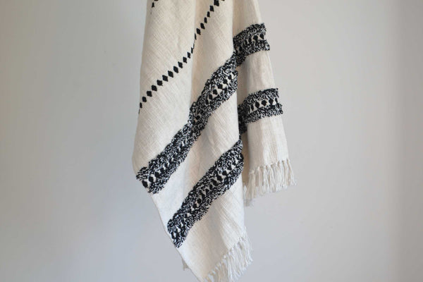 Cream Striped Tufted Throw Black Boho Tassels - DesignsEmporium