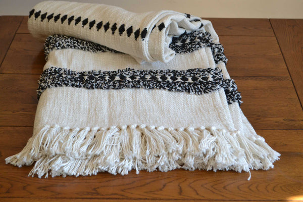 Cream Striped Tufted Throw Black Boho Tassels - DesignsEmporium