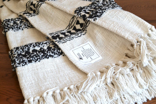 Cream Striped Tufted Throw Black Boho Tassels - DesignsEmporium