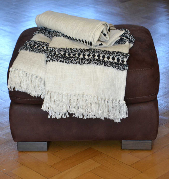 Cream Striped Tufted Throw Black Boho Tassels - DesignsEmporium