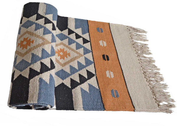Orange Blue Cotton Kilim Rug Runner Diamond 2x3' 2x6' 2x9' - DesignsEmporium