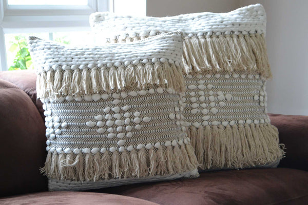 Cream Bohemian Tassel Cushion Covers Cotton 50x50cm 60x60cm - DesignsEmporium