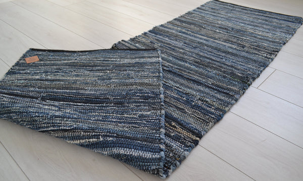 Eco Denim Rugs Runner Chindi Blue Navy Cotton RagsRecycled - DesignsEmporium