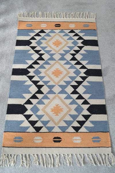 Orange Blue Cotton Kilim Rug Runner Diamond 2x3' 2x6' 2x9' - DesignsEmporium