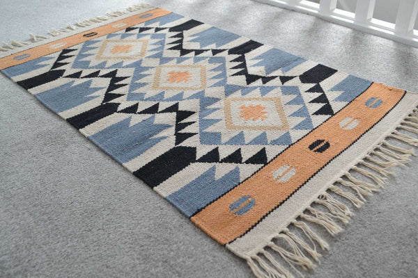 Orange Blue Cotton Kilim Rug Runner Diamond 2x3' 2x6' 2x9' - DesignsEmporium