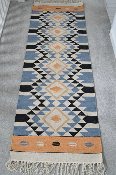 Orange Blue Cotton Kilim Rug Runner Diamond 2x3' 2x6' 2x9' - DesignsEmporium