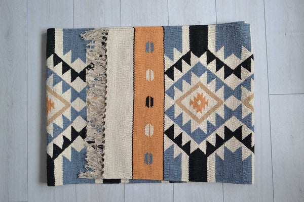 Orange Blue Cotton Kilim Rug Runner Diamond 2x3' 2x6' 2x9' - DesignsEmporium