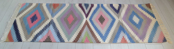 Cotton Kilim Runner Rug Indian 60x180cm 2x6' Kelim Pink Blue Hand Woven Boho - DesignsEmporium
