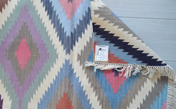 Cotton Kilim Runner Rug Indian 60x180cm 2x6' Kelim Pink Blue Hand Woven Boho - DesignsEmporium